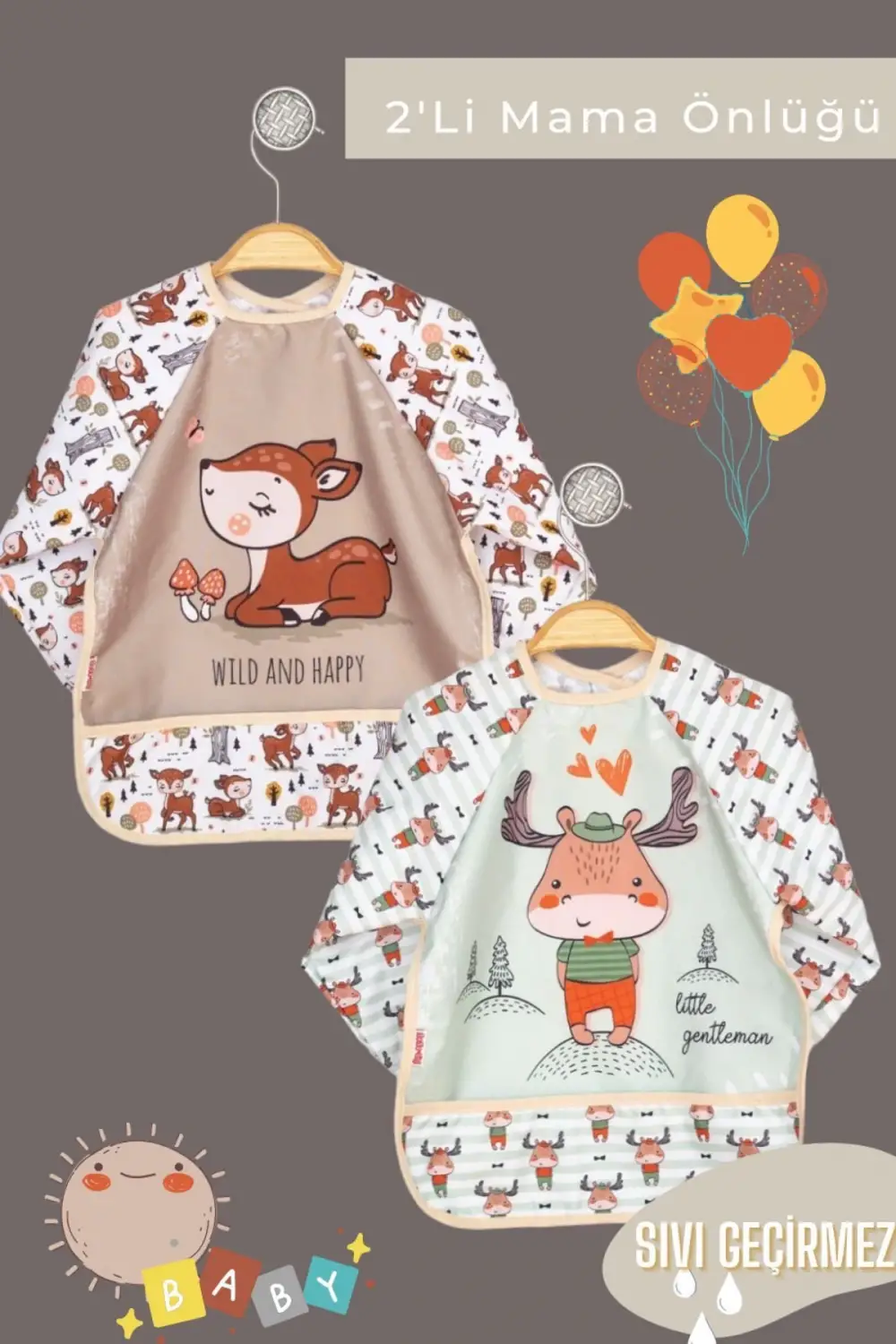 Giyilebilir Kollu Sıvı Geçirmez Mama ve Aktivite Önlüğü 6-24 Ay - Karaca-Geyik