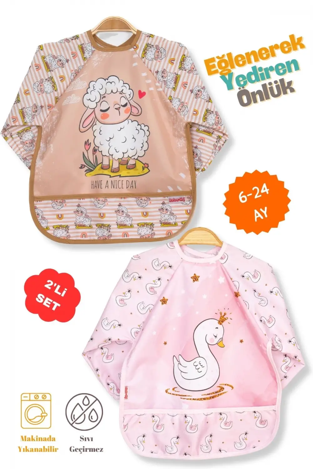 Giyilebilir Kollu Sıvı Geçirmez Mama ve Aktivite Önlüğü 6-24 Ay - Kuzu-Kuğu