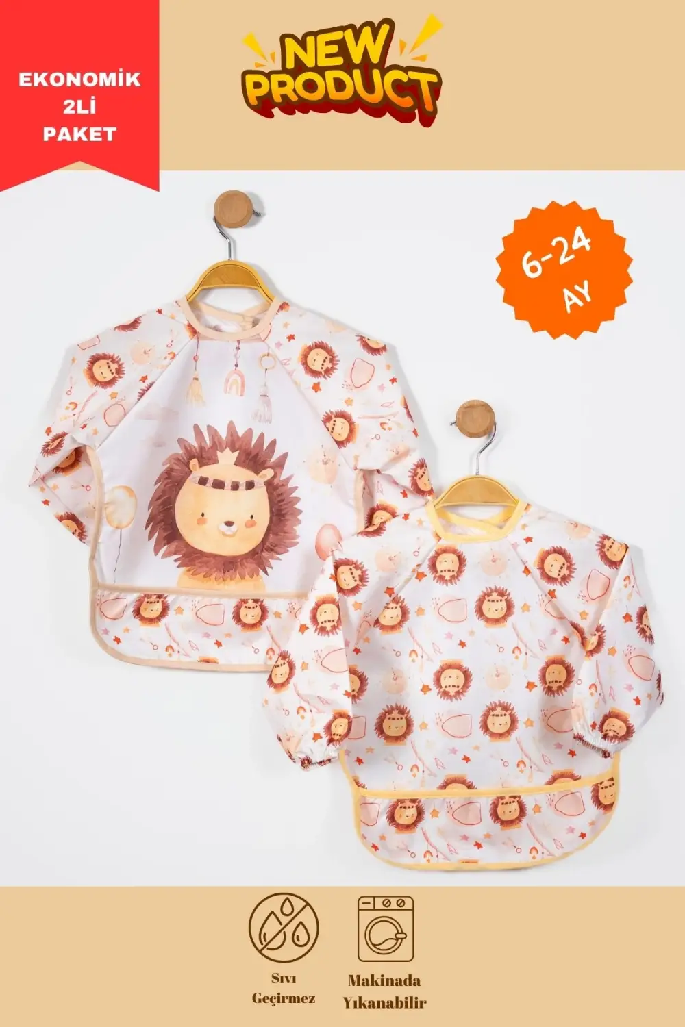 Lion Desenli 2li Uzun Kollu Giyilebilir Sıvı Geçirmez Aktivite ve Mama Önlüğü 6-24 Ay
