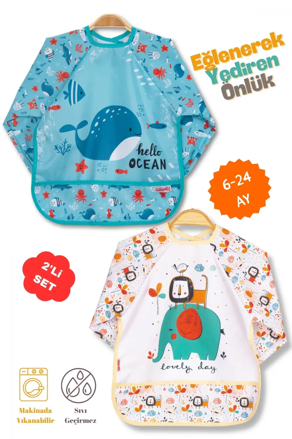 2Li Uzun Kollu Giyilebilir Sevimli Balık-Aslan Desen Sıvı Geçirmez Aktivite ve Mama Önlüğü 6-24 AY