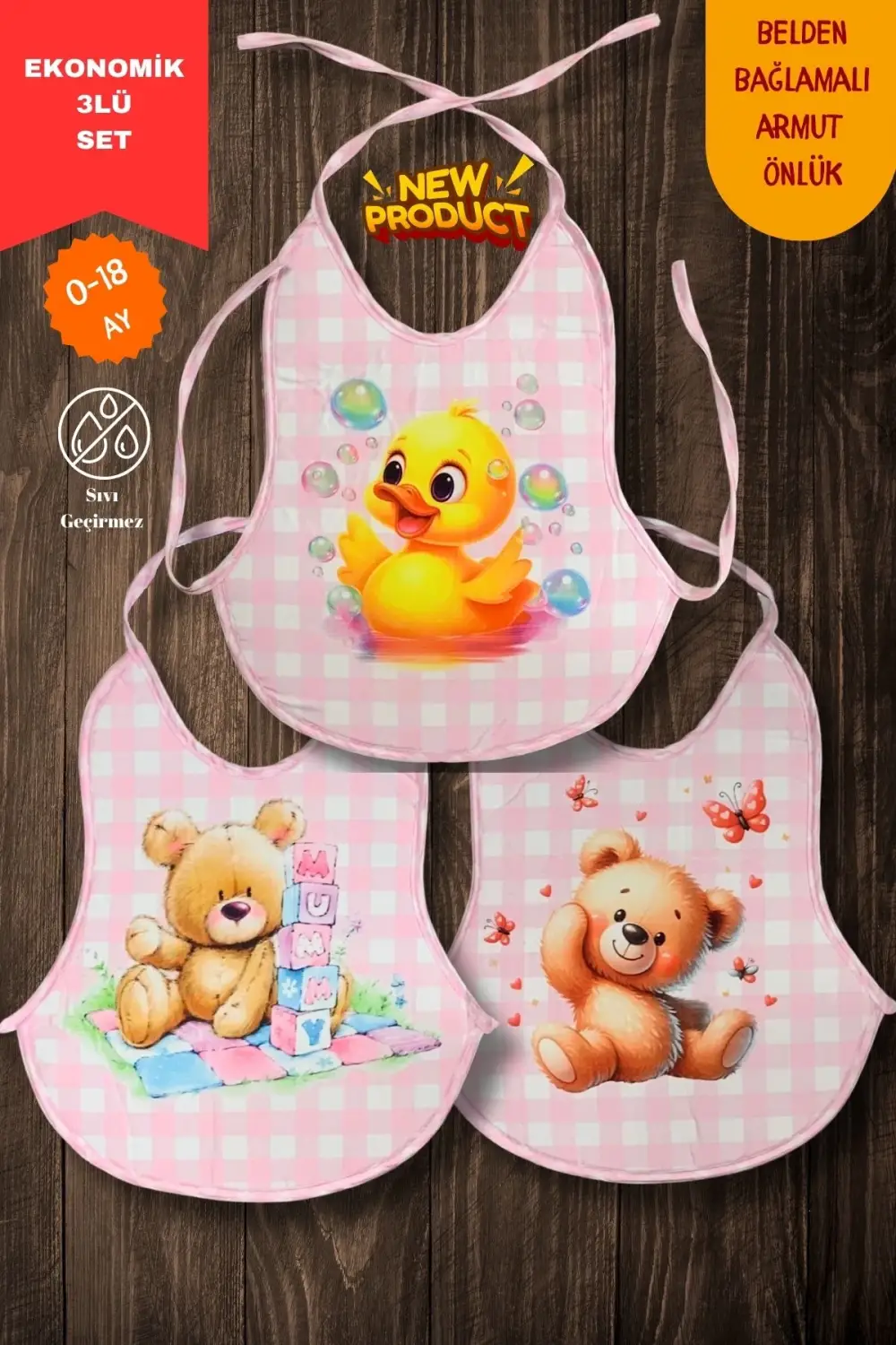 3Lü Set Pembe Ekose Baskılı Ekonomik Sıvı Geçirmez Armut Önlük Mama ve Aktivite Önlüğü (0-18 Ay)