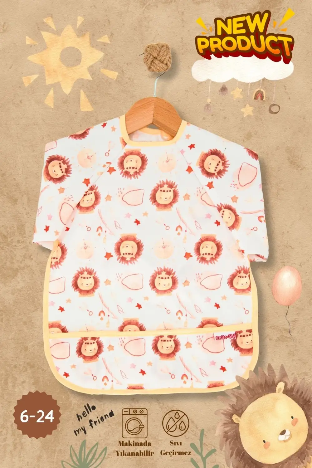 Bohem Lion Uzun Kollu Bebek Mama Önlüğü Sıvı Geçirmez 6-24 Ay