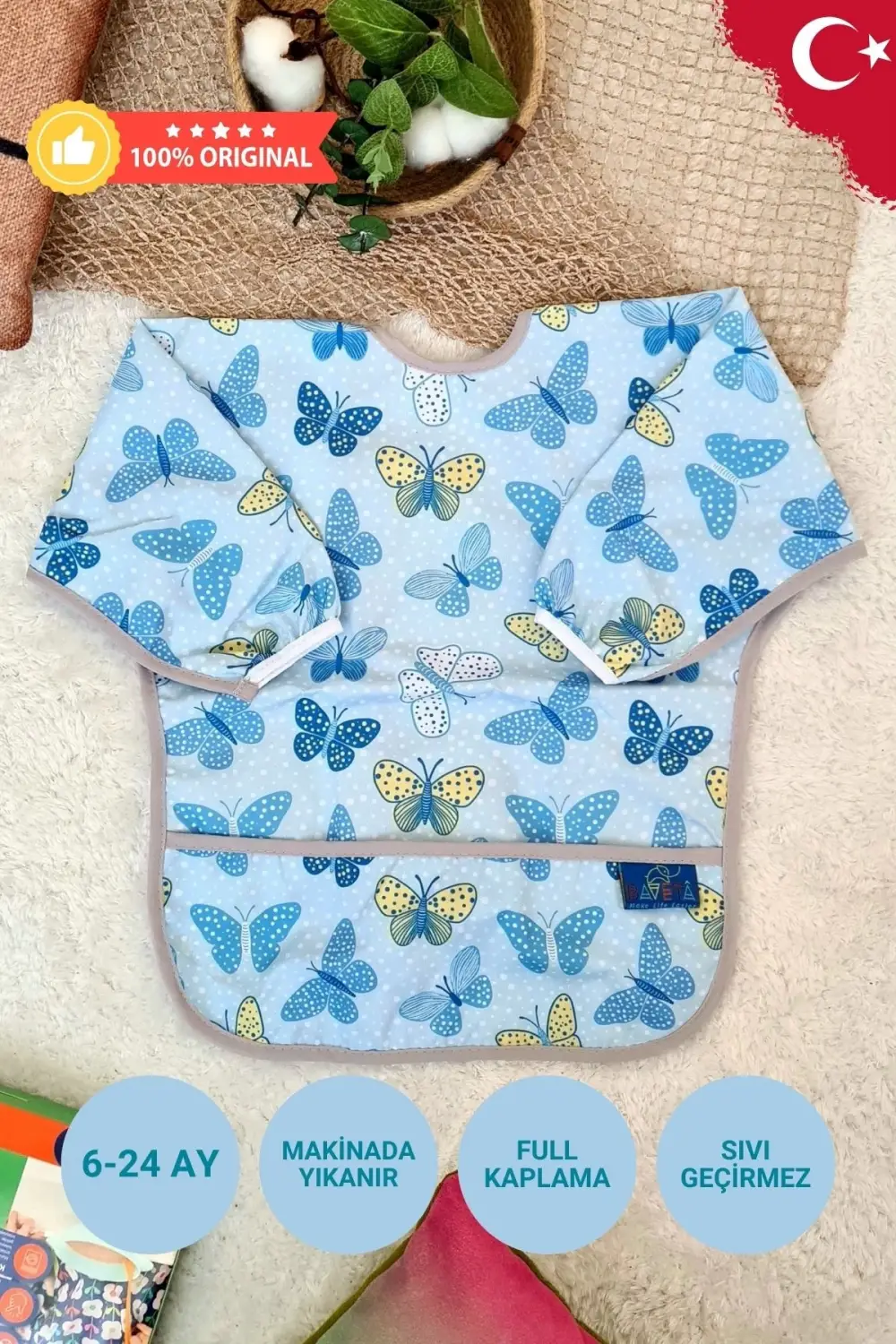 Butterfly Desenli Sıvı Geçirmez Unisex Aktivite ve Mama Önlüğü 6-24 Ay