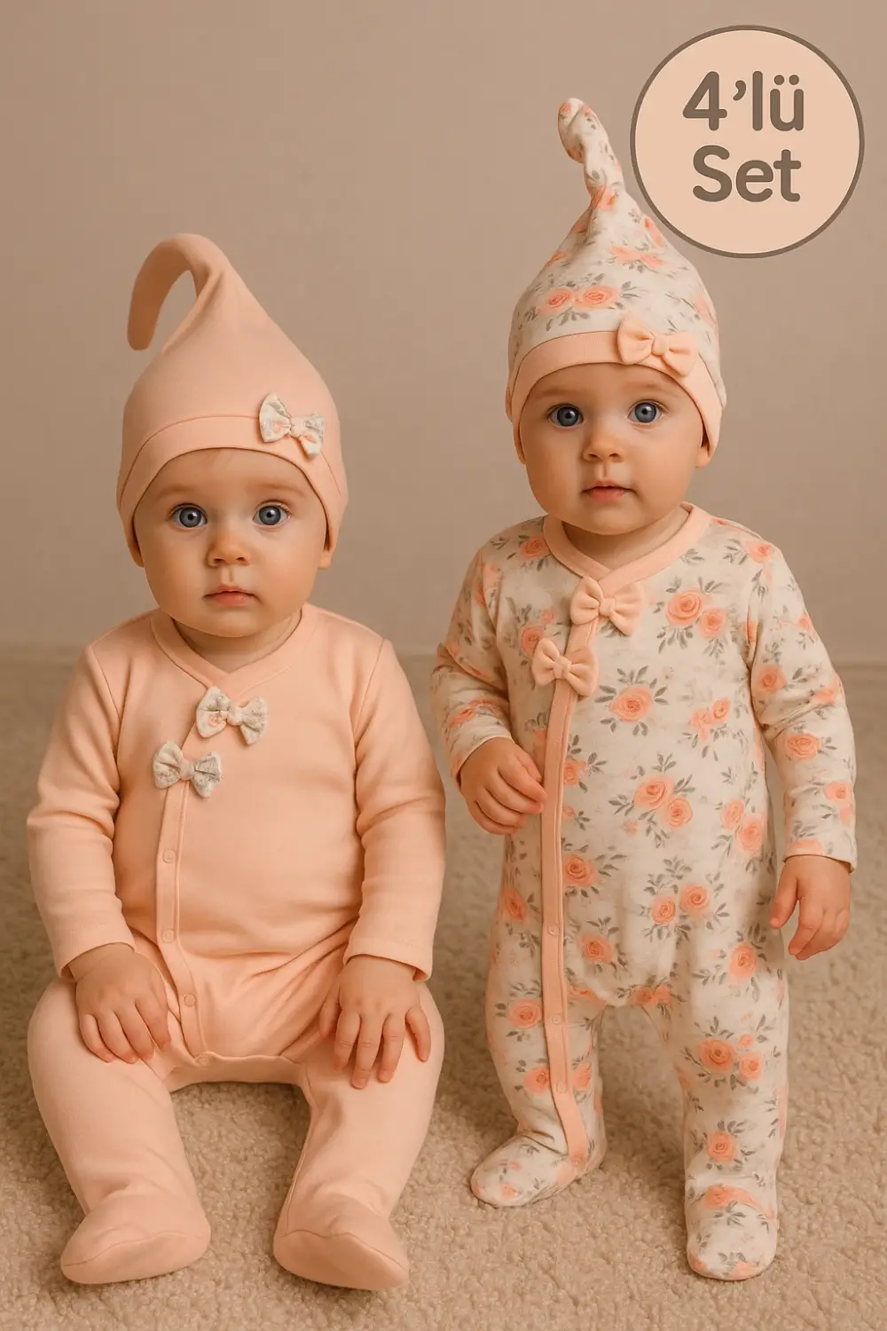 Çiçek Desenli % 100 Pamuk Kız Bebek 4lü Tulum Takımı