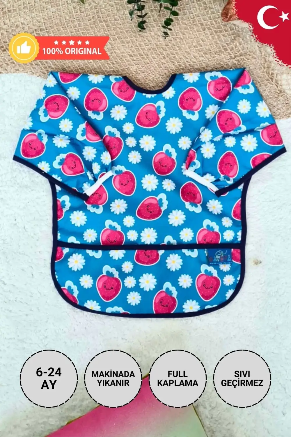 Çilek Desenli Sıvı Geçirmez Kız Aktivite ve Mama Önlüğü 6-24 Ay