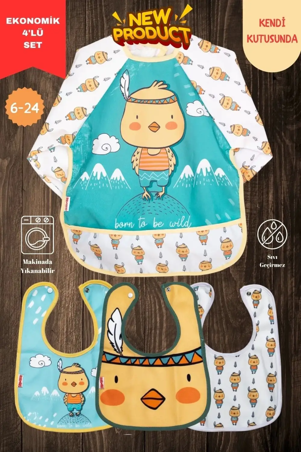 Civciv Desen 4lü Set Eko Sıvı Geçirmez Aktivite Ve Mama Önlüğü Kendi Kutusunda 6-24 Ay