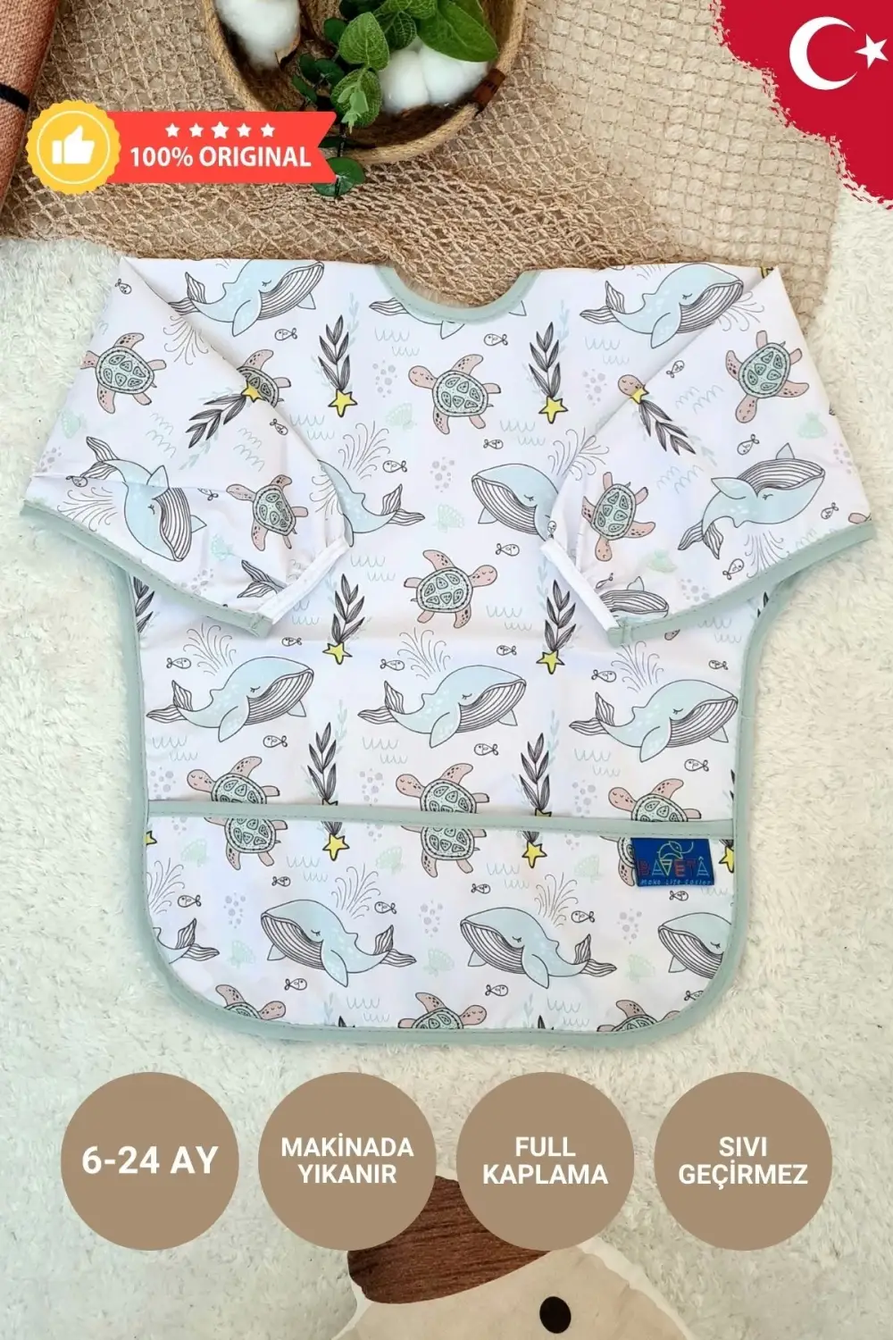 Dolphine Desenli Sıvı Geçirmez Unisex Aktivite Ve Mama Önlüğü 6-24 Ay