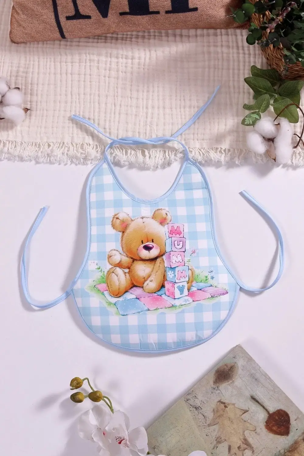 Ekose Mavi Bear Mummy Desenli Sıvı Geçirmez Armut Önlük