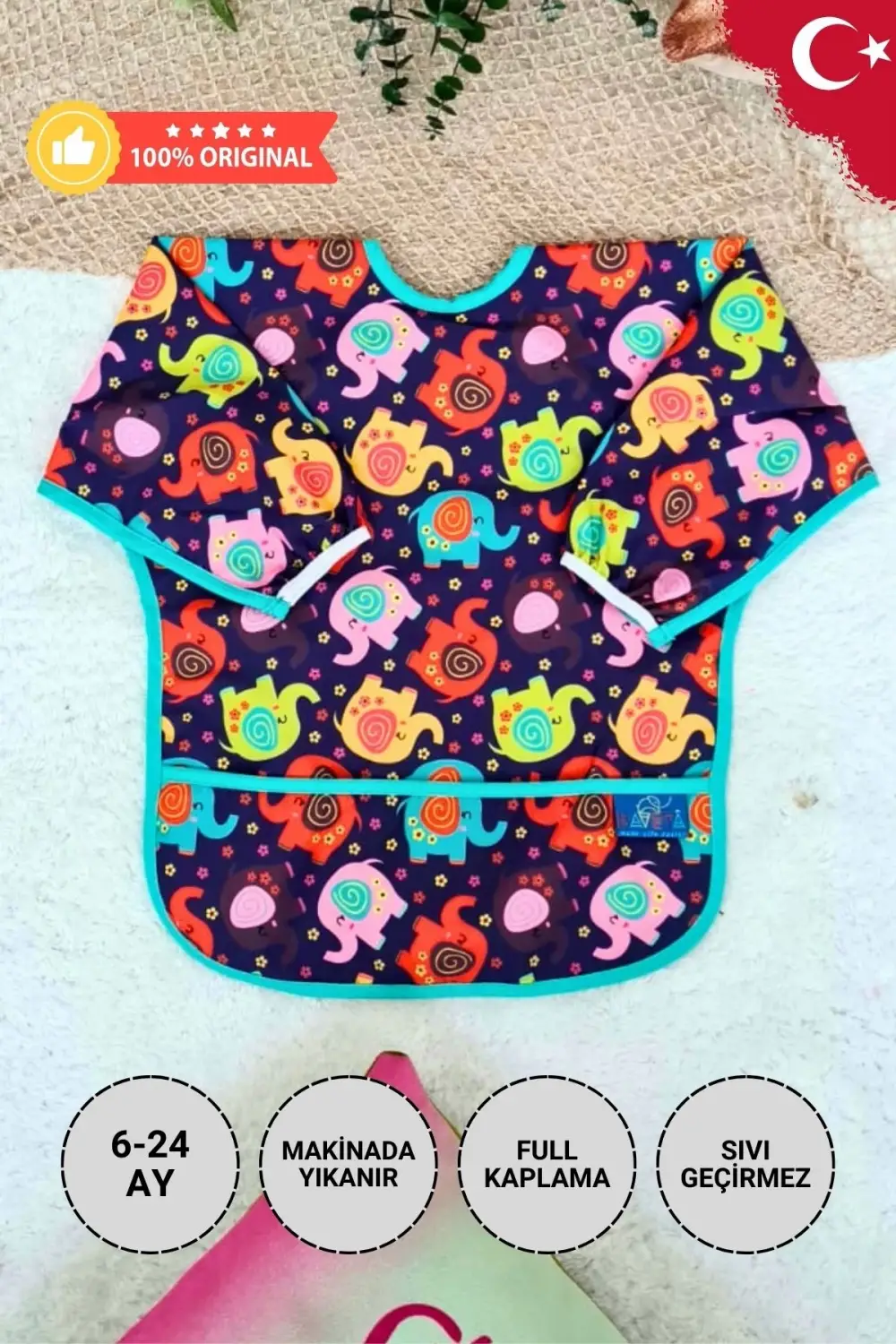 Filler Desenli Sıvı Geçirmez Kız Aktivite ve Mama Önlüğü 6-24 Ay