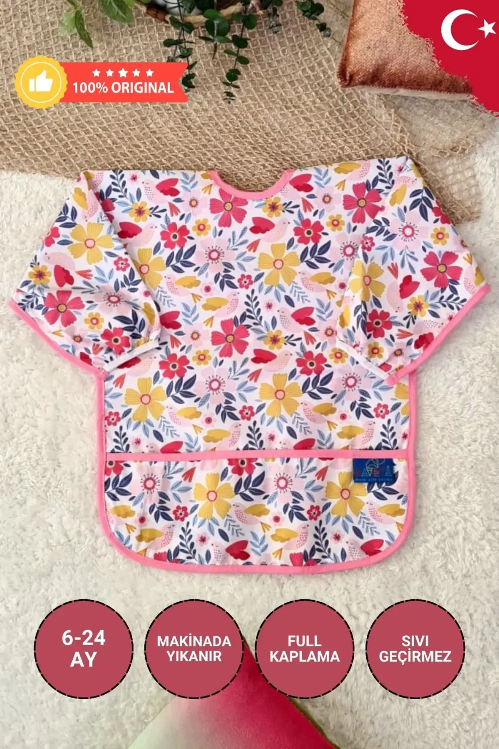 Flower Desenli Sıvı Geçirmez Unisex Aktivite ve Mama Önlüğü 6-24 Ay
