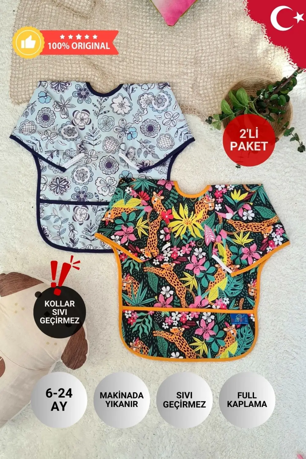 FLOWER ve DREAM Desenli 2li Paket Sıvı Geçirmez Kız Çocuk Aktivite ve Mama Önlüğü 6-24 Ay