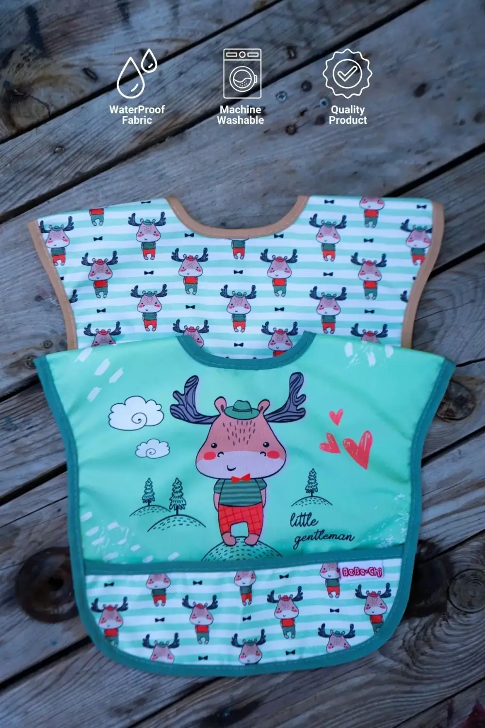 Geyik Desenli 2li Sıvı Geçirmez Kolsuz Bebek Mama Önlüğü 0-12 Ay