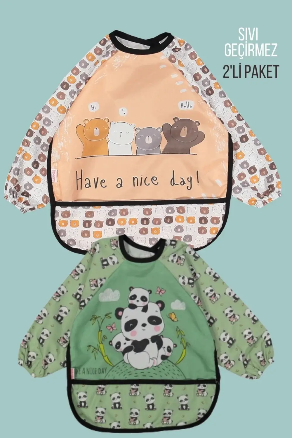 Giyilebilir Kollu Sıvı Geçirmez Mama ve Aktivite Önlüğü 6-24 Ay - Panda-AyıKafalar