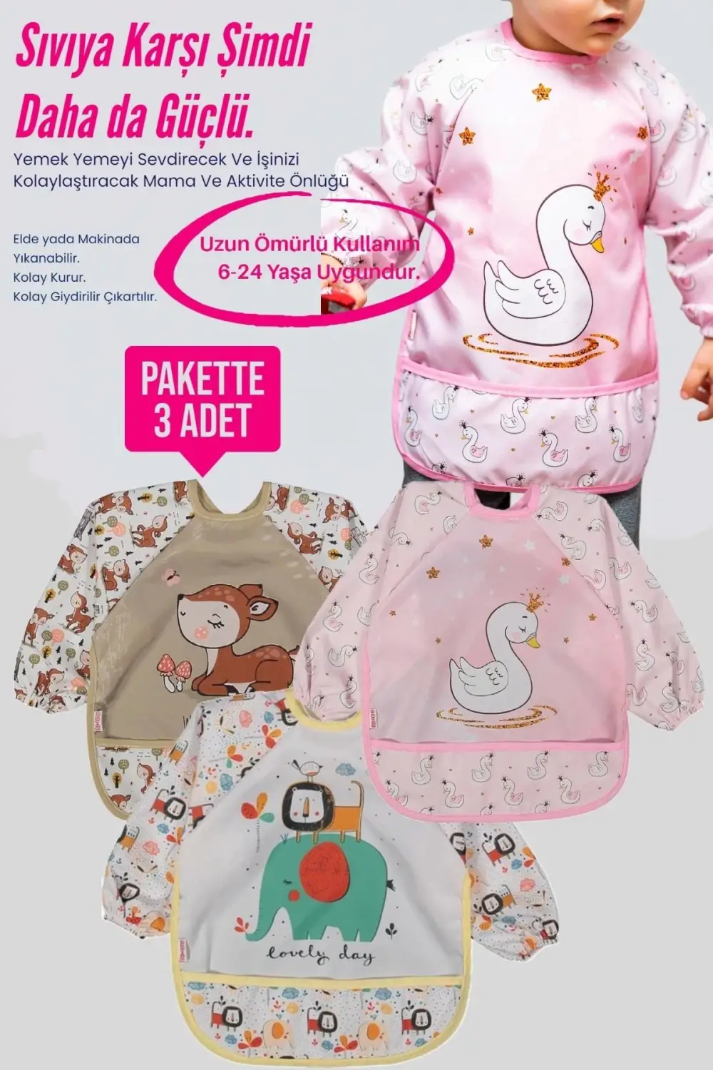 Hayvan Figürlü Sıvı Geçirmez 3lü Paket Uzun Kollu Mama Önlüğü