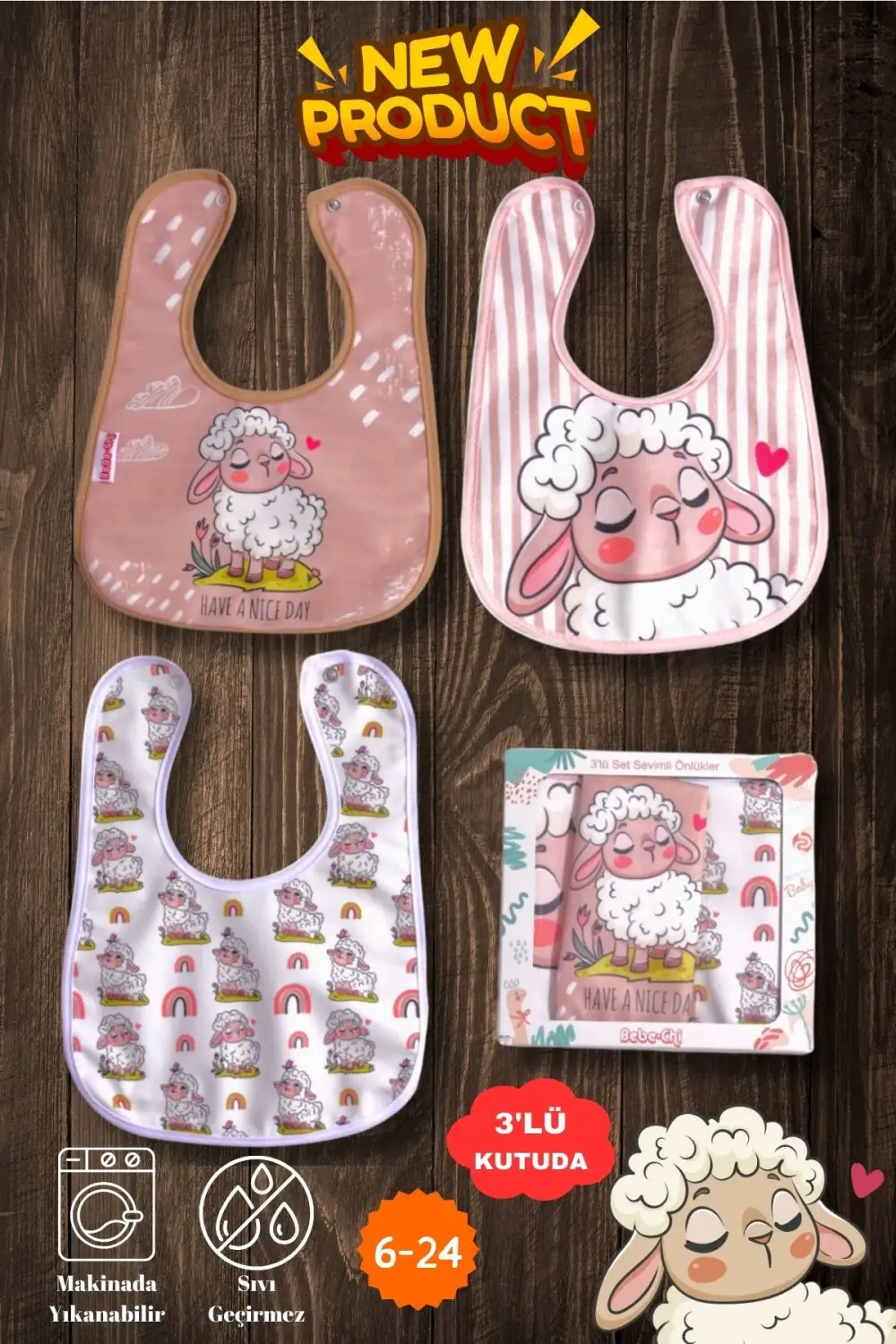 Kuzu Desenli Sıvı Geçirmez 3lü Mama ve Salya Önlüğü 0-18 Ay