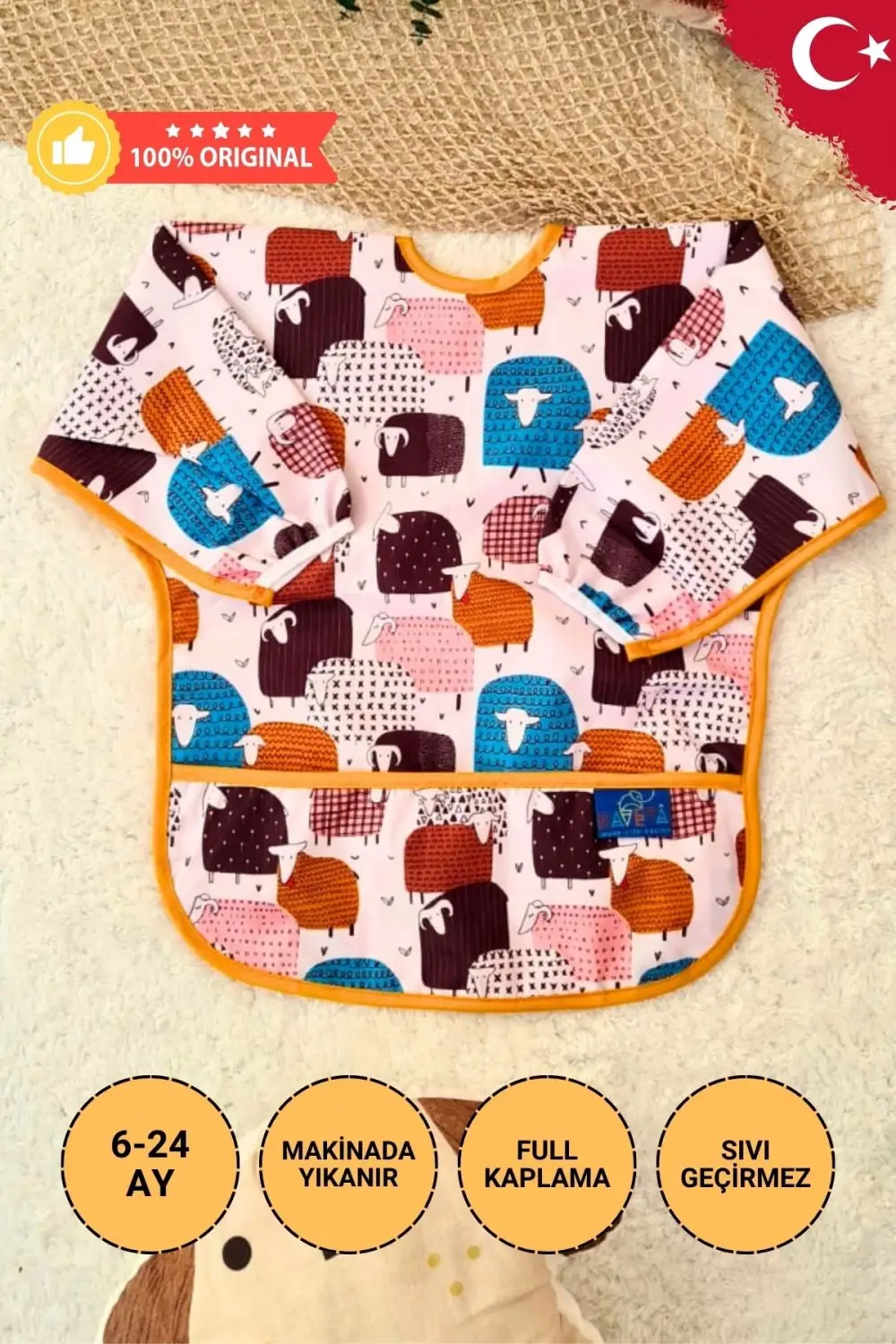 Kuzular Desenli Sıvı Geçirmez Unisex Aktivite ve Mama Önlüğü 6-24 Ay