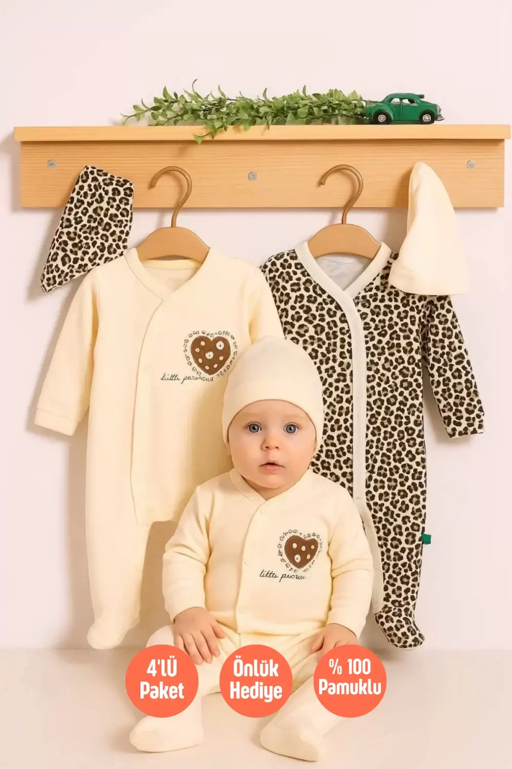 Leopar Desenli % 100 Pamuklu Kız Bebek 4lü Tulum Seti 0-6 Ay