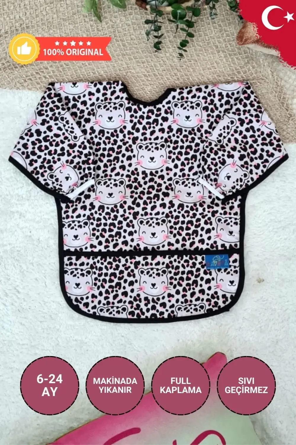 Leopar Desenli Sıvı Geçirmez Kız Aktivite Ve Mama Önlüğü 6-24 Ay