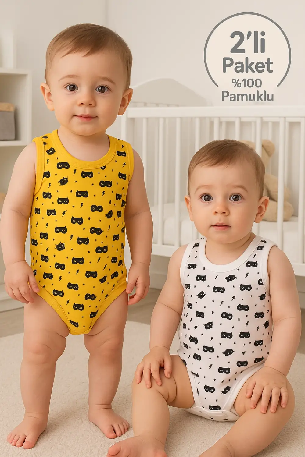 Maskeli Desenli 2li Paket % 100 Pamuk Erkek Bebek Askılı Body Seti