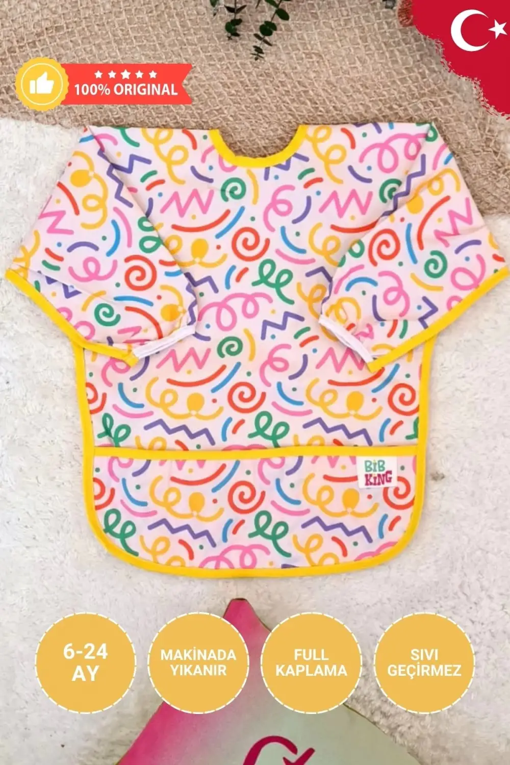 Melin Desenli Sıvı Geçirmez Unisex Aktivite ve Mama Önlüğü 6-24 Ay