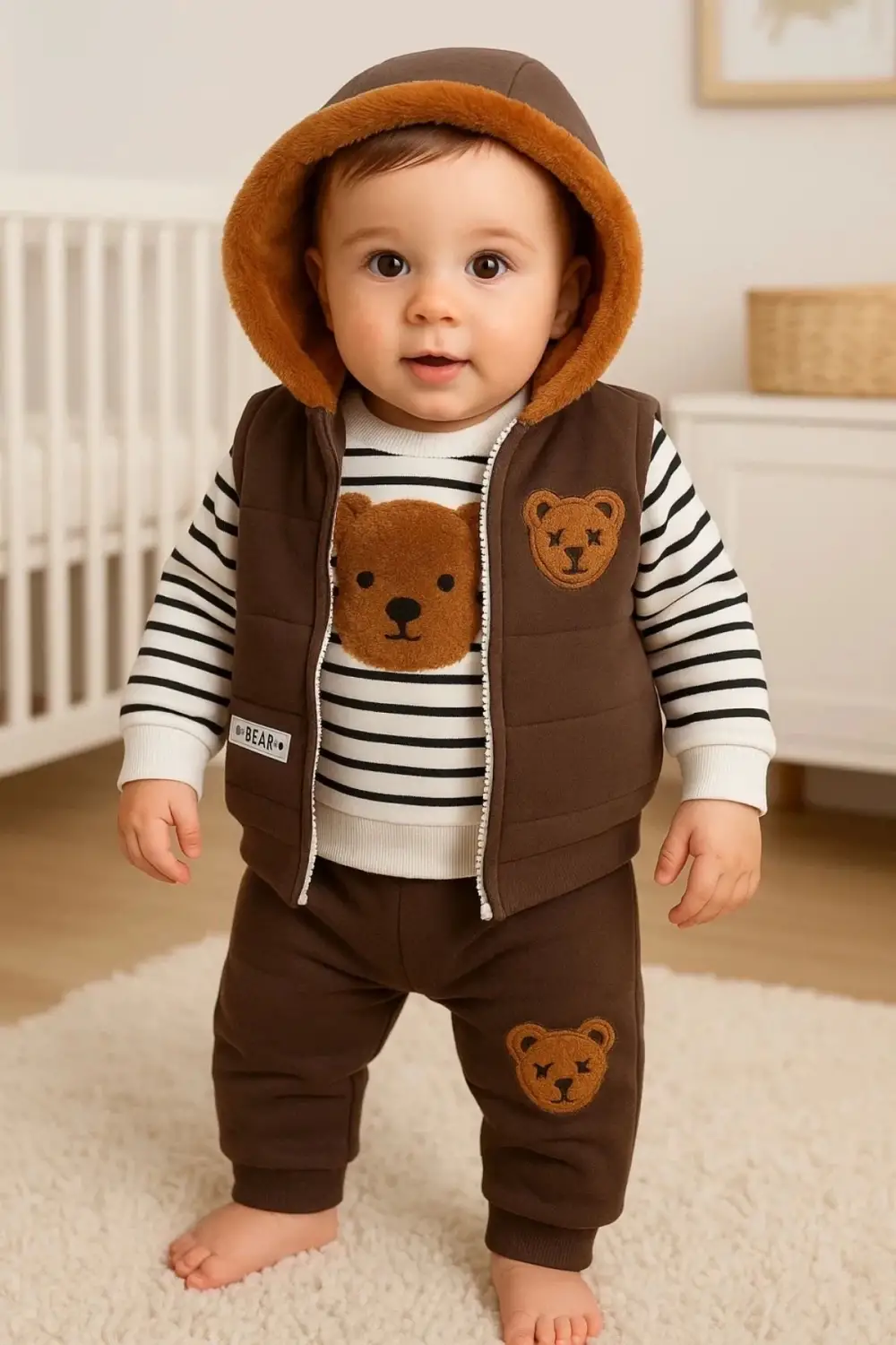 Erkek Bebek 3lü Pelüş Ayıcık Nakışlı Eşofman Takımı - Kapüşonlu Yelekli