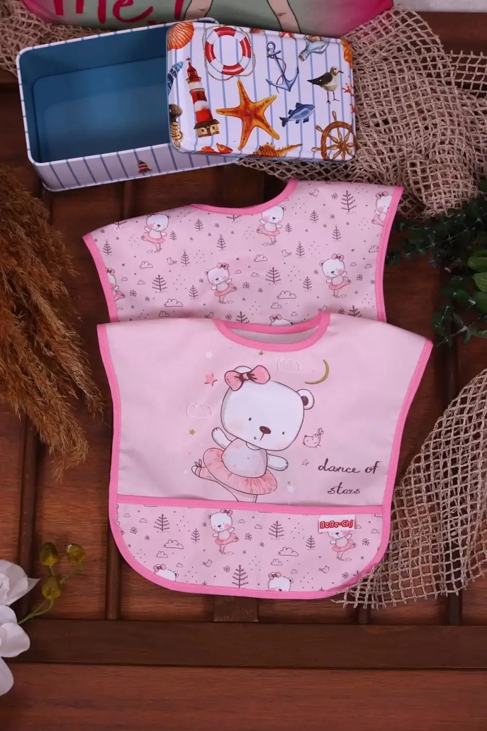 Pembe Bear Desenli 2li Sıvı Geçirmez Kolsuz Bebek Mama Önlüğü 0-12 Ay