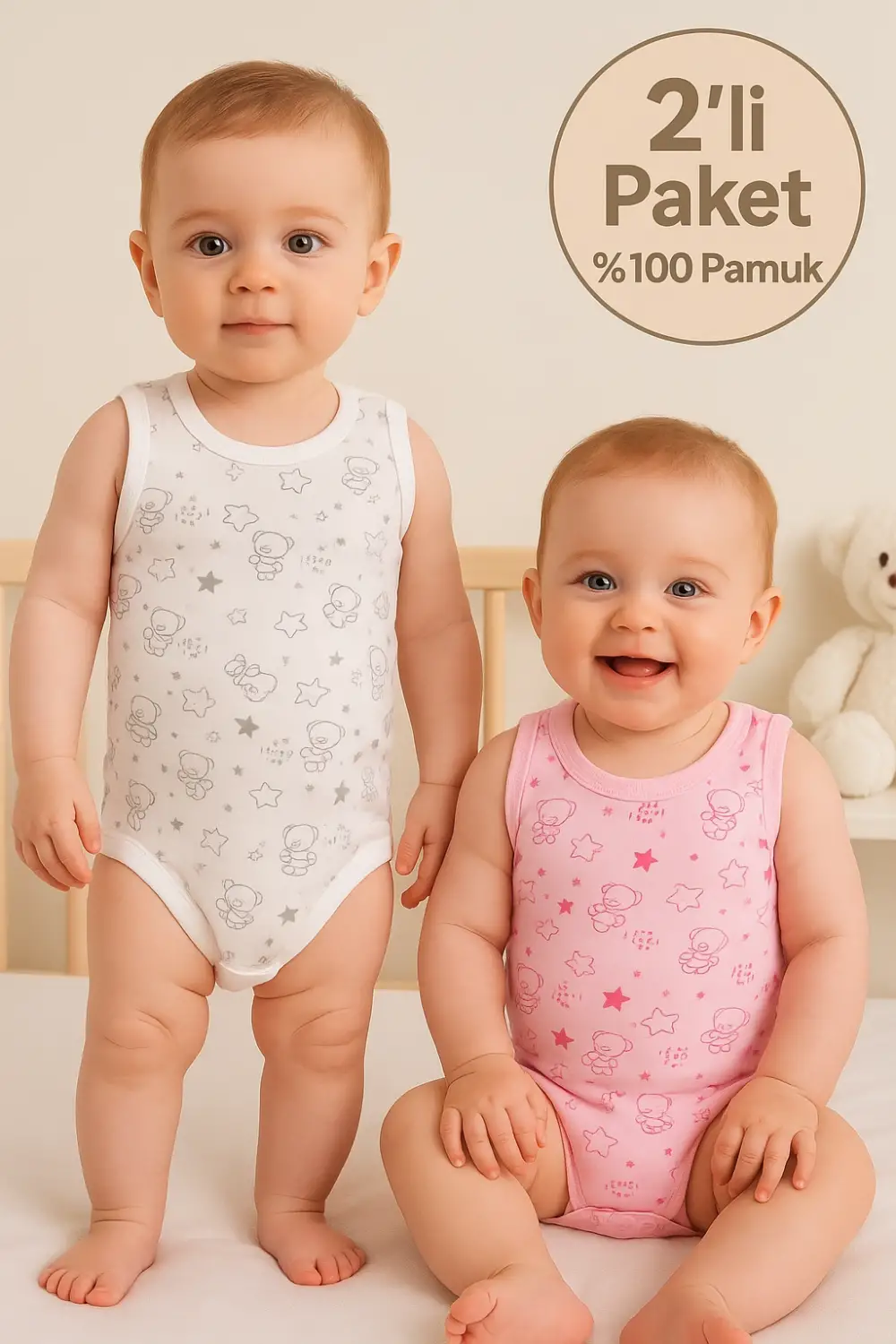 Pembe Bear Desenli 2li Paket % 100 Pamuk Kız Bebek Askılı Body Seti