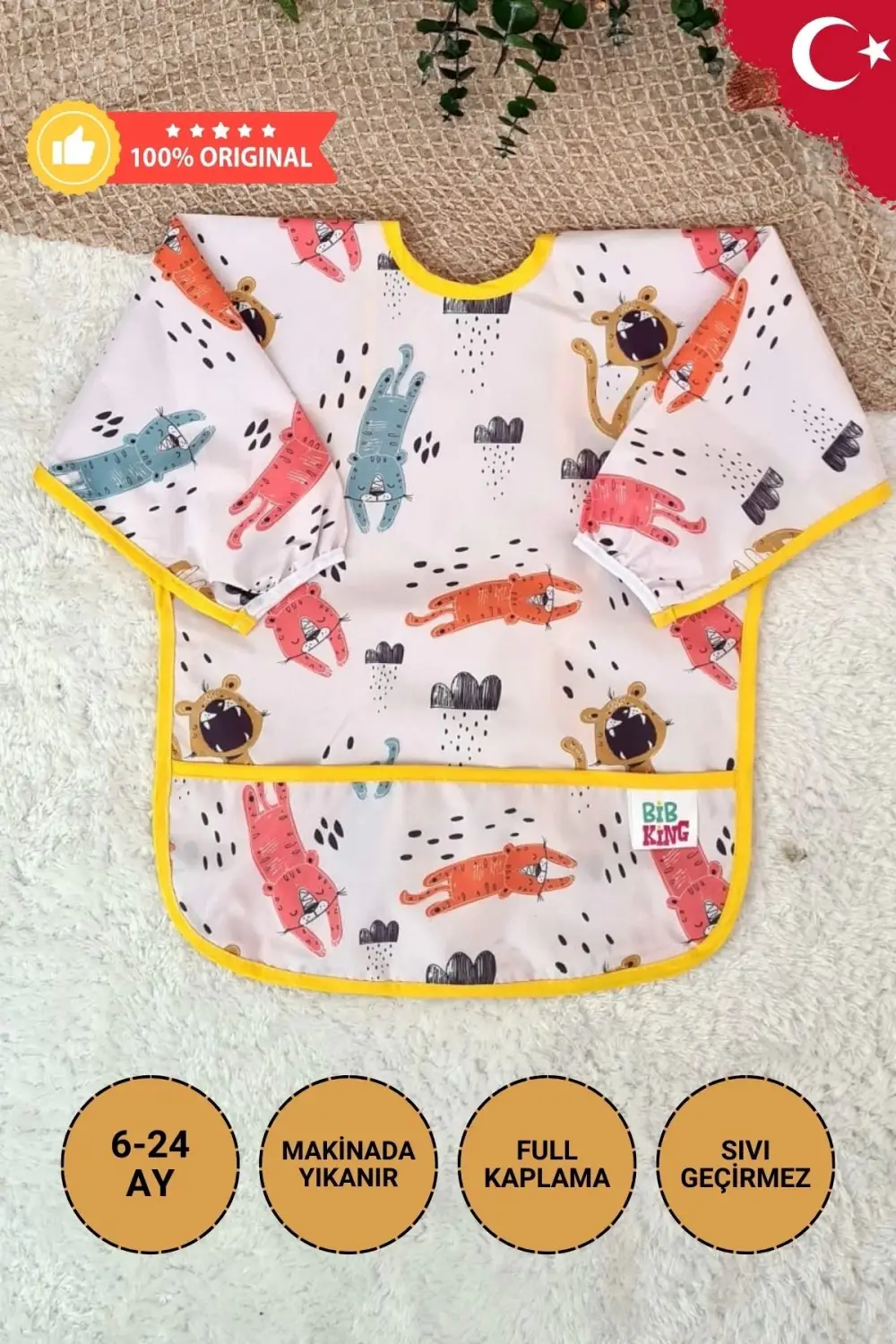 Roar Desenli Sıvı Geçirmez Unisex Çocuk Aktivite ve Mama Önlüğü 6-24 Ay