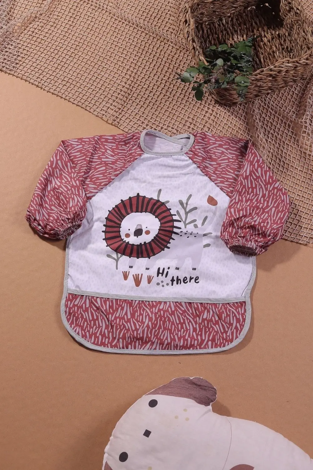 Safari Aslan Desenli Sıvı Geçirmez Uzun kol Unisex Mama ve Aktivite Önlüğü 6-24 Ay