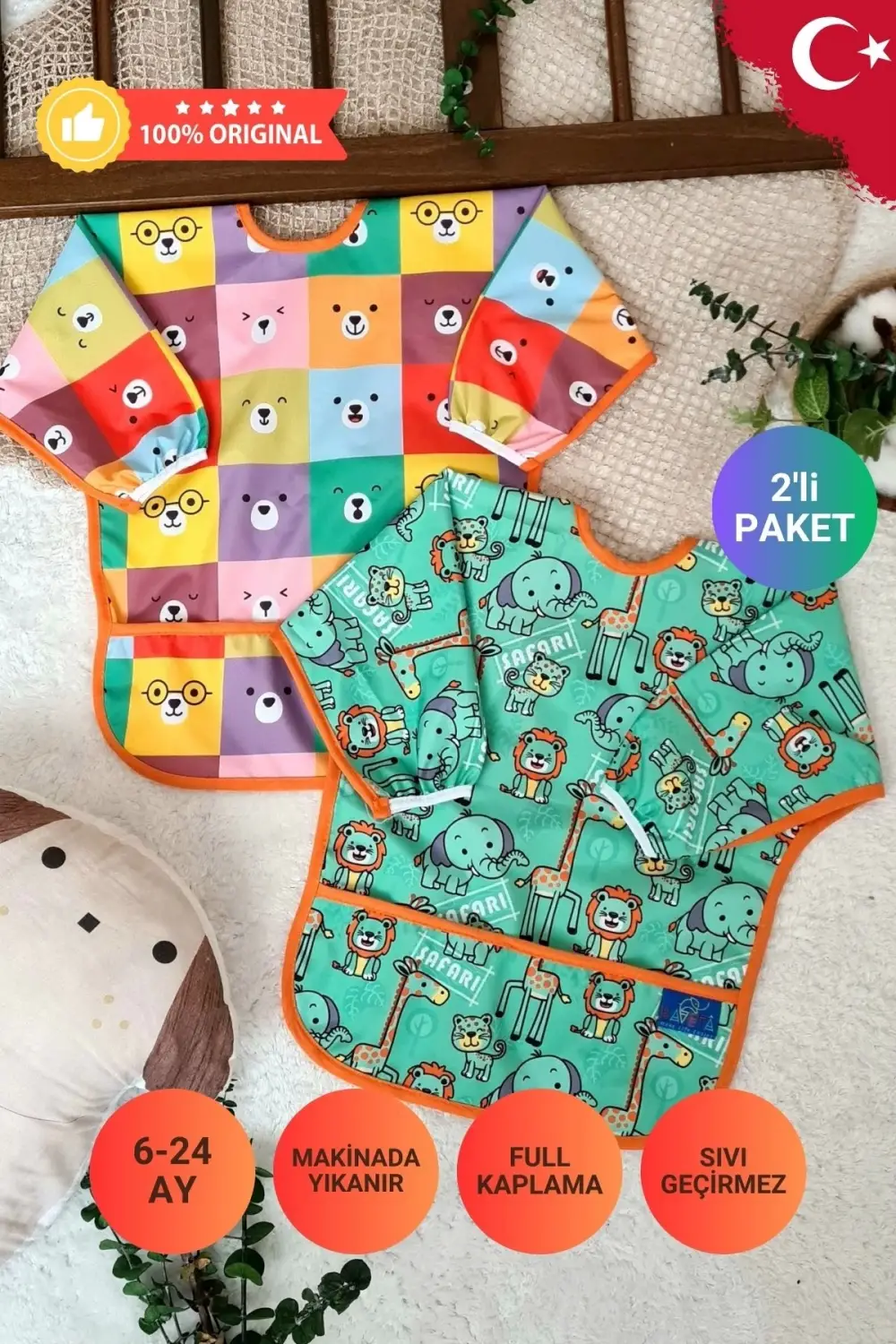 SAFARİ ve KARE AYILAR Desenli 2li Paket Sıvı Geçirmez Unisex Aktivite ve Mama Önlüğü 6-24 Ay