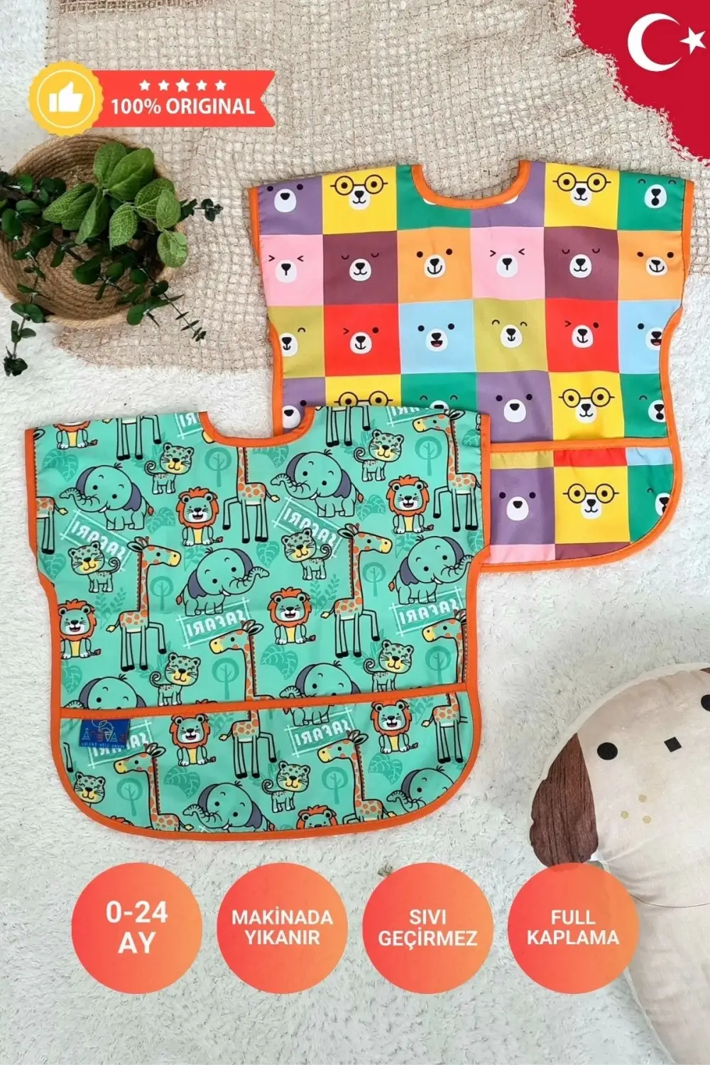 Sıvı Geçirmez Kolsuz 6-24 Ay 2li Aktivite ve Mama Önlüğü ( COLOUR-SAFARİ)