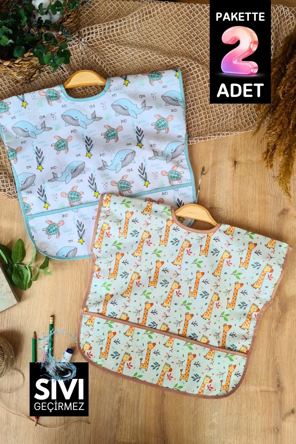 Sıvı Geçirmez Kolsuz 6-24 Ay 2li Aktivite ve Mama Önlüğü ( DOLPHİN-FOREST)