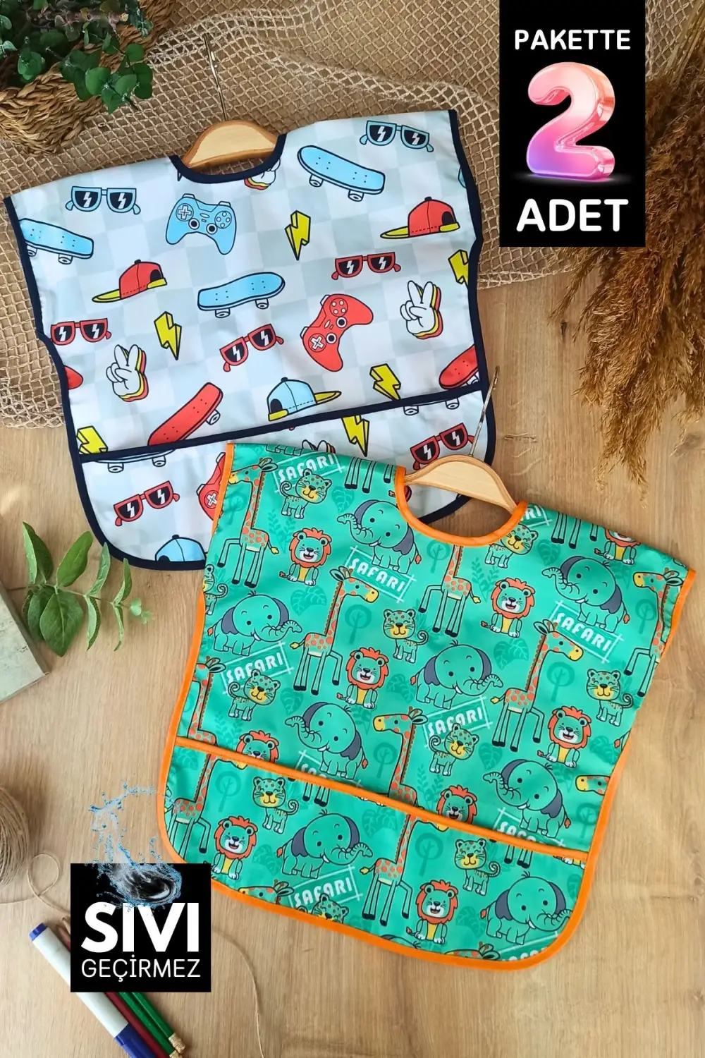 Sıvı Geçirmez Kolsuz 6-24 Ay 2li Aktivite ve Mama Önlüğü ( PLAY-SAFARİ )