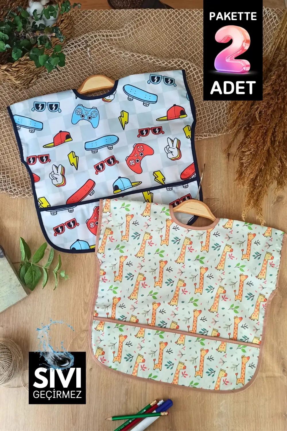 Sıvı Geçirmez Kolsuz 6-24 Ay 2li Aktivite ve Mama Önlüğü ( PLAY-SAFARİ )