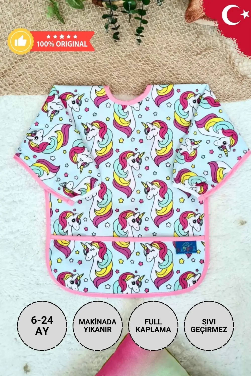 Unicorn Pembe Desenli Sıvı Geçirmez Kız Aktivite ve Mama Önlüğü 6-24 Ay
