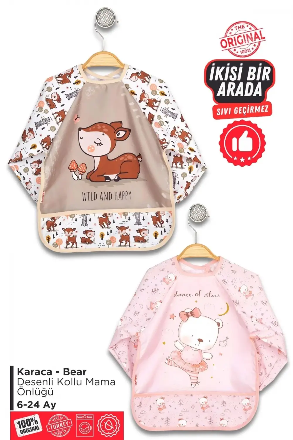 Giyilebilir Kollu Sıvı Geçirmez Mama ve Aktivite Önlüğü 6-24 Ay - Karaca-Bear