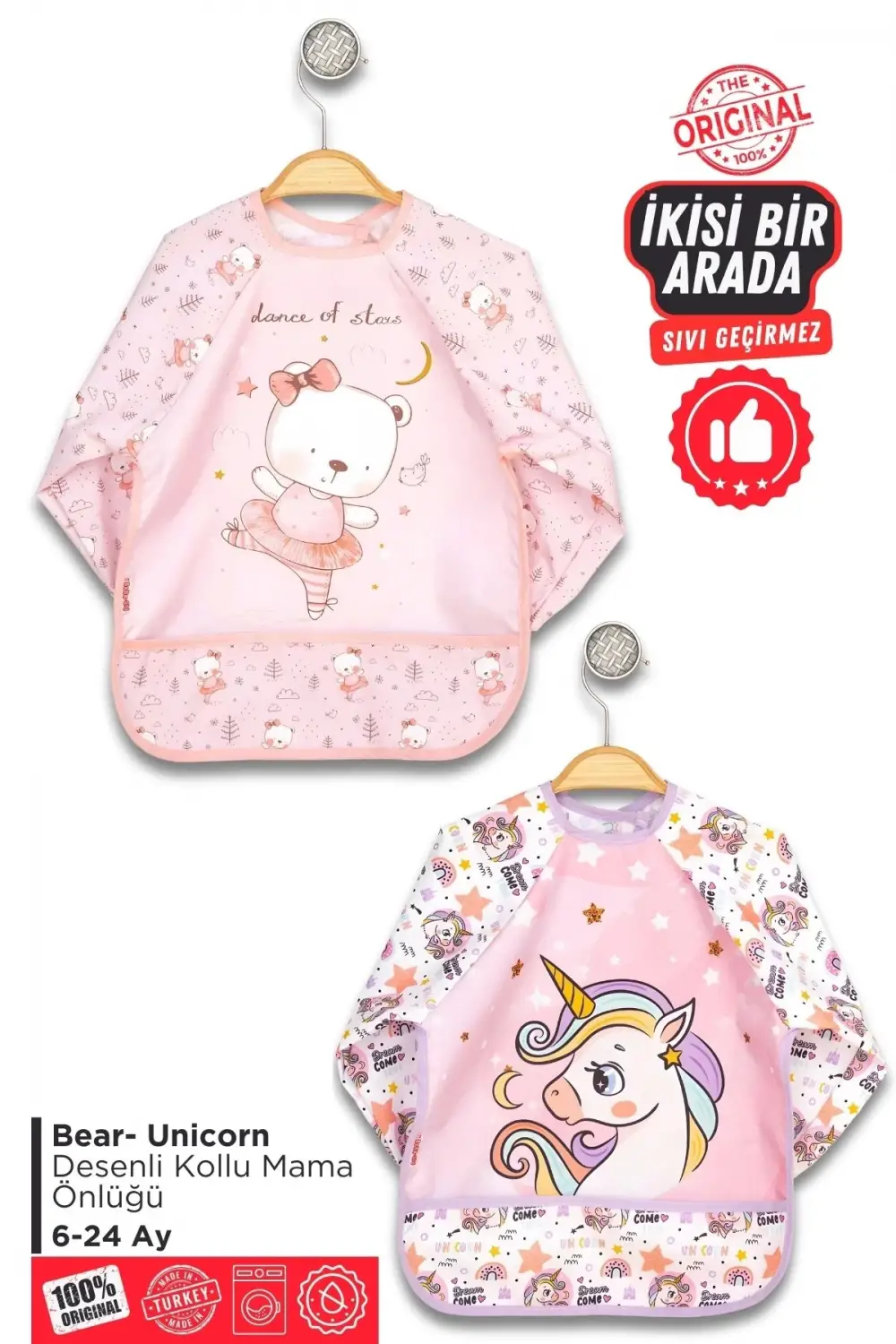 Giyilebilir Kollu Sıvı Geçirmez Mama ve Aktivite Önlüğü 6-24 Ay - Bear-Unicorn