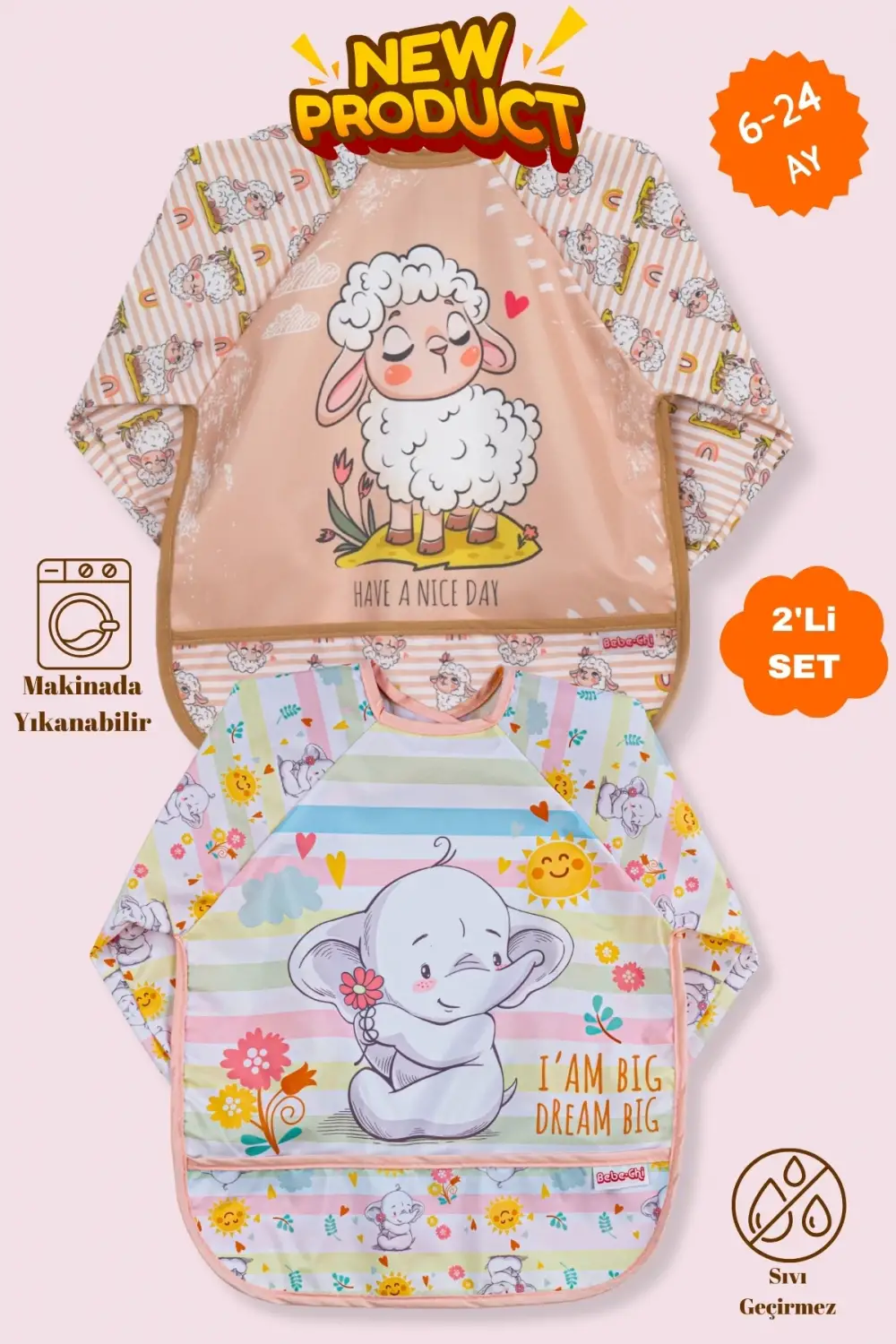 Uzun Kollu Giyilebilir Sevimli Fil-Kuzu Desen Sıvı Geçirmez Aktivite ve Mama Önlüğü 6-24 AY