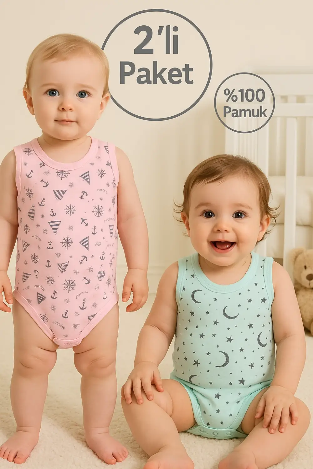 Yelken Desenli 2li Paket % 100 Pamuk Kız Bebek Askılı Body Seti