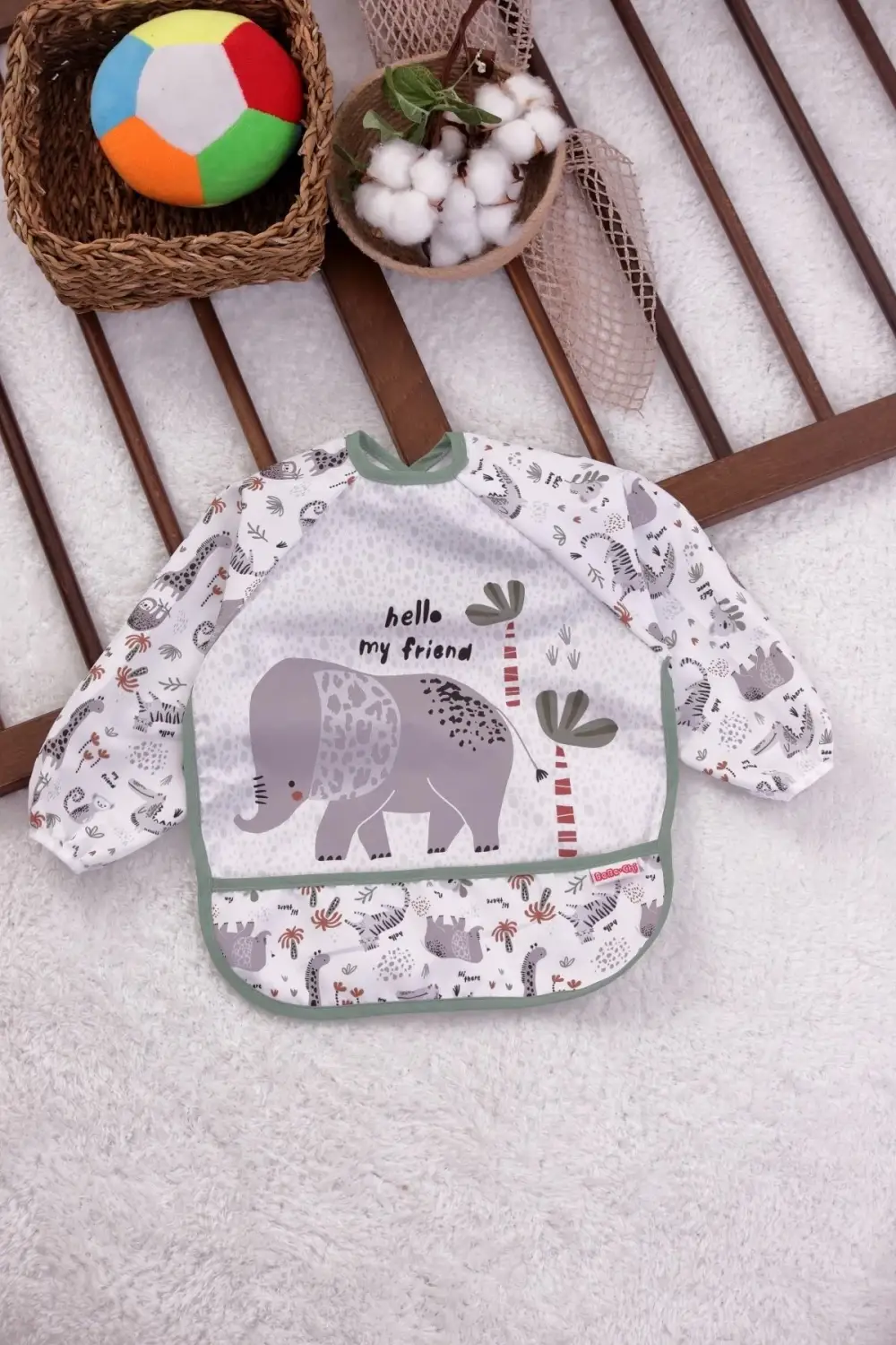 Yeşil Fil Desenli Sıvı Geçirmez Uzun Kollu Unisex Bebek Mama ve Aktivite Önlüğü 6-24 Ay