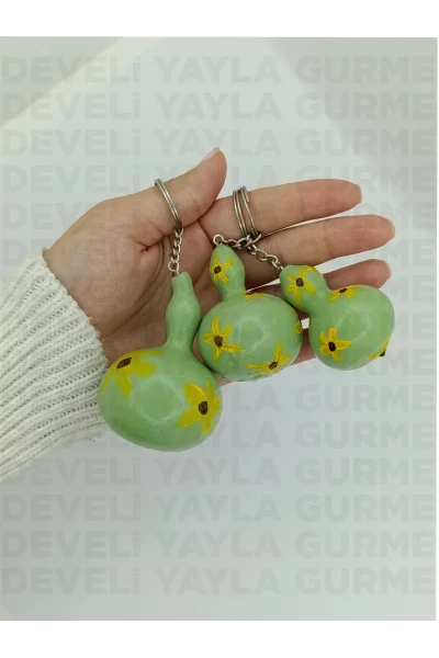 El Yapımı Sarı Çiçek Desenli Doğal Süs Kabağı Anahtarlık