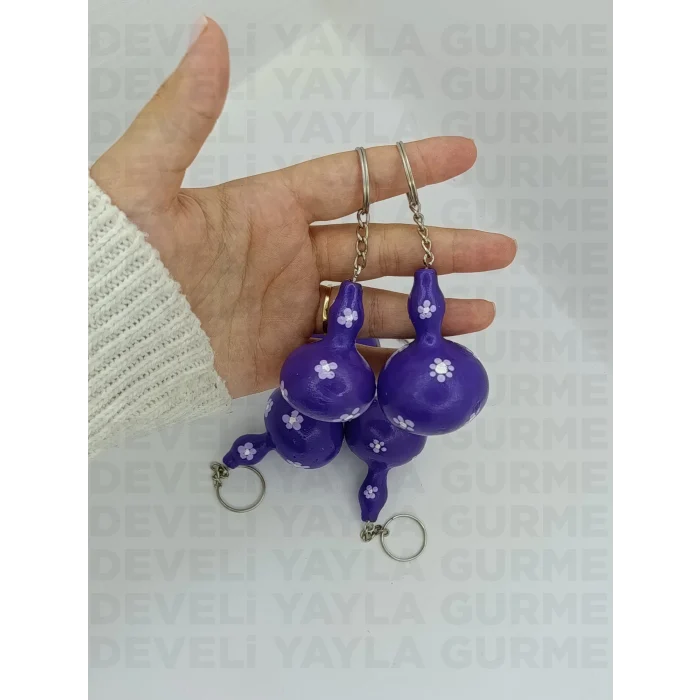 El Yapımı Mor Çiçek Desenli Doğal Süs Kabağı Anahtarlık