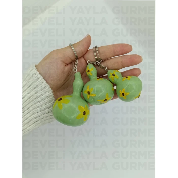 El Yapımı Sarı Çiçek Desenli Doğal Süs Kabağı Anahtarlık
