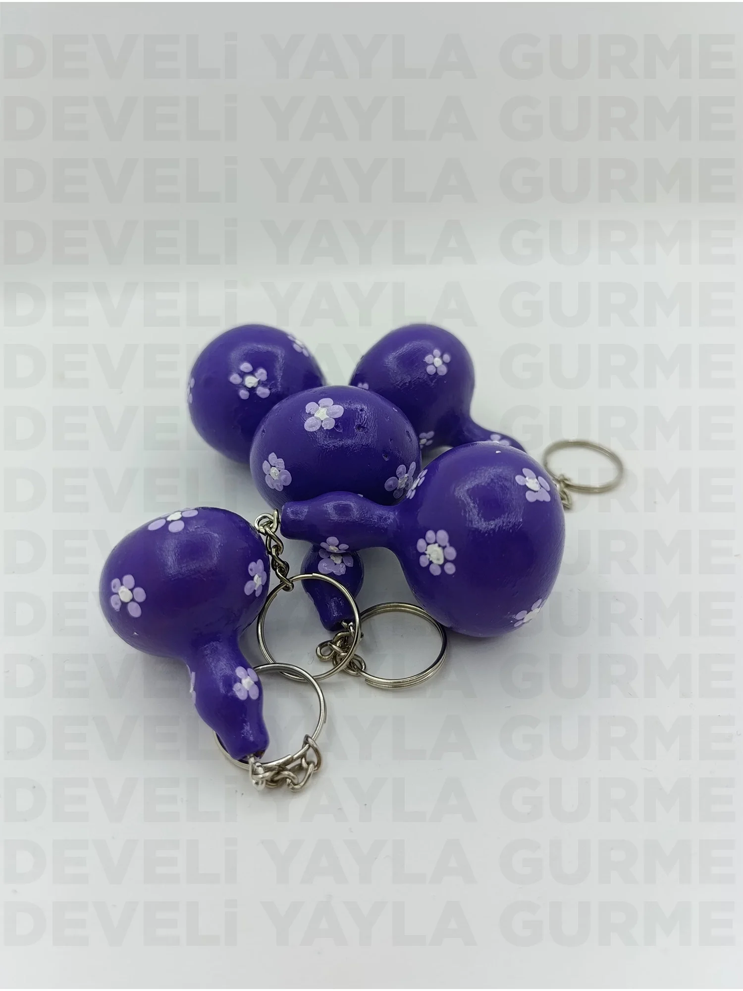 El Yapımı Mor Çiçek Desenli Doğal Süs Kabağı Anahtarlık