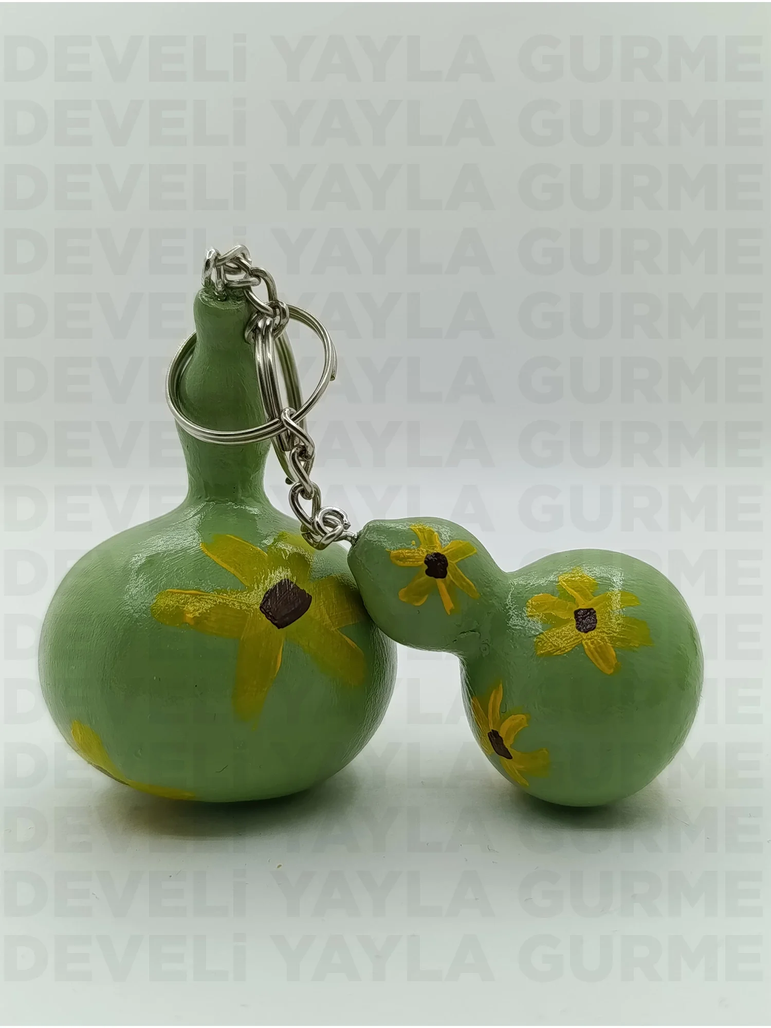 El Yapımı Sarı Çiçek Desenli Doğal Süs Kabağı Anahtarlık