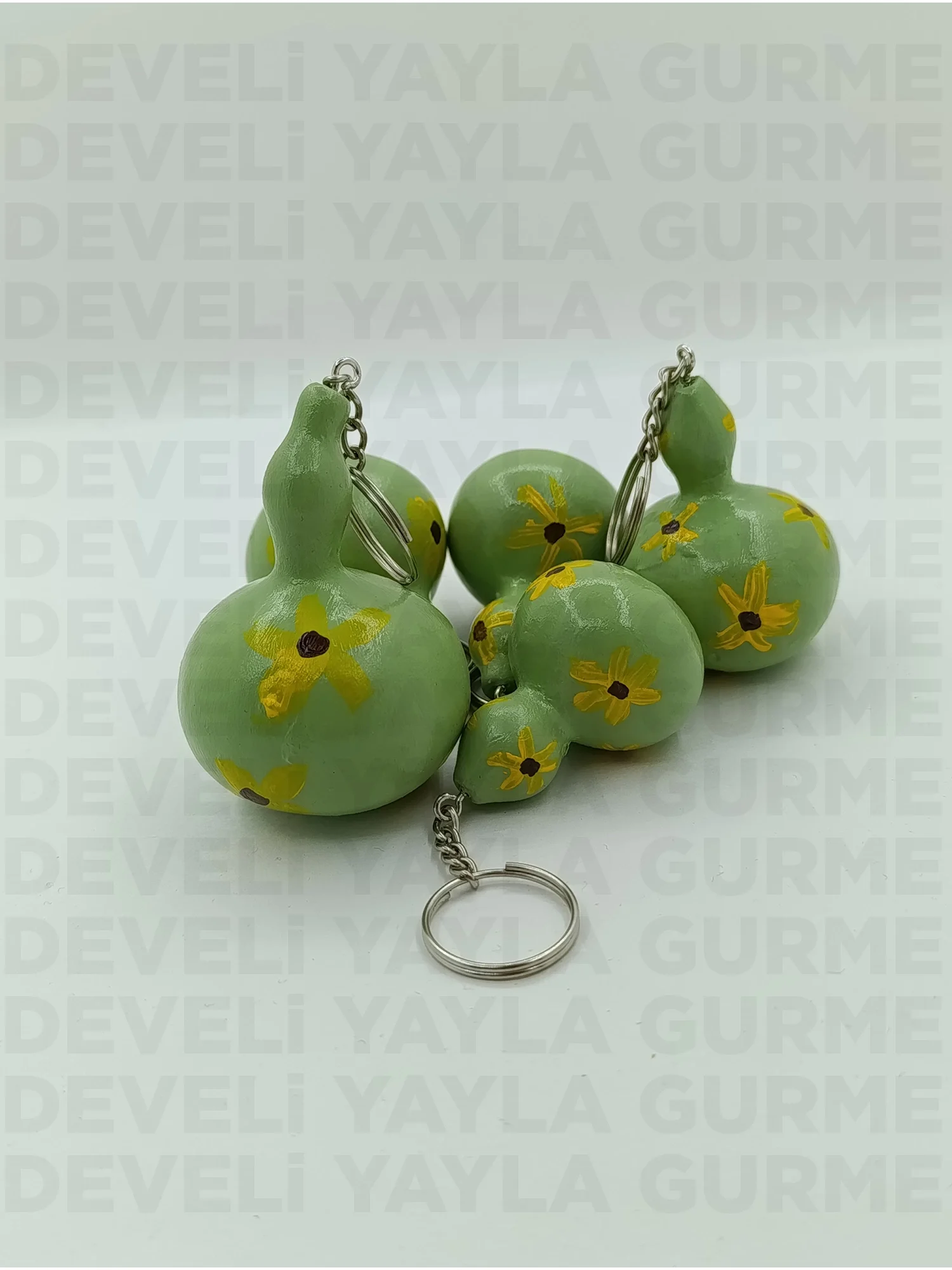 El Yapımı Sarı Çiçek Desenli Doğal Süs Kabağı Anahtarlık