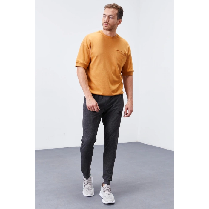 Antrasit Melanj Fermuar Cepli Dar Kalıp Jogger Erkek Eşofman Alt - 84343