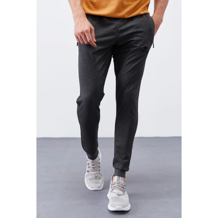 Antrasit Melanj Fermuar Cepli Dar Kalıp Jogger Erkek Eşofman Alt - 84343