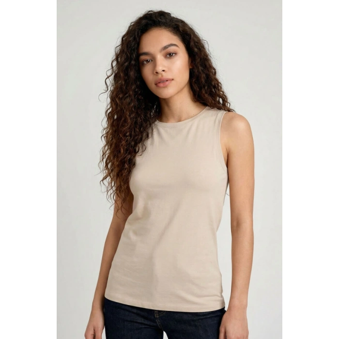 Bej Slim Fit Basic O Yaka Sıfır Kol Kadın Atlet - 97313