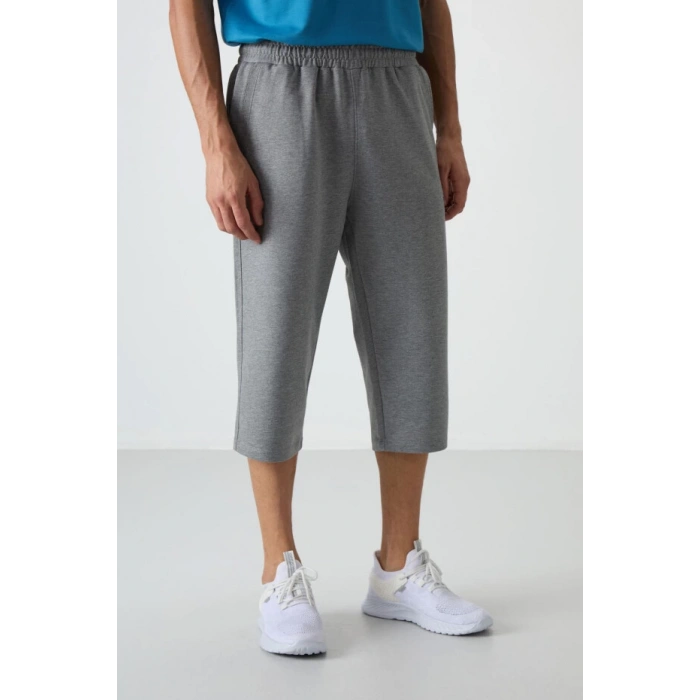 Tommy Lıfe Gri Melanj Pamuklu Yumuşak Dokulu Standart Fit Nakışlı Erkek Kapri - 83102